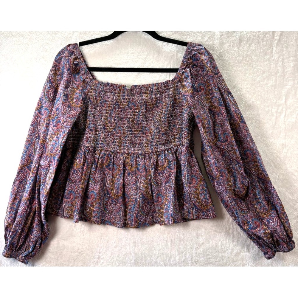 J.Crew Liberty Fabric Paisley Smocked Peplum Top Square Neck Puff Sleeve XL